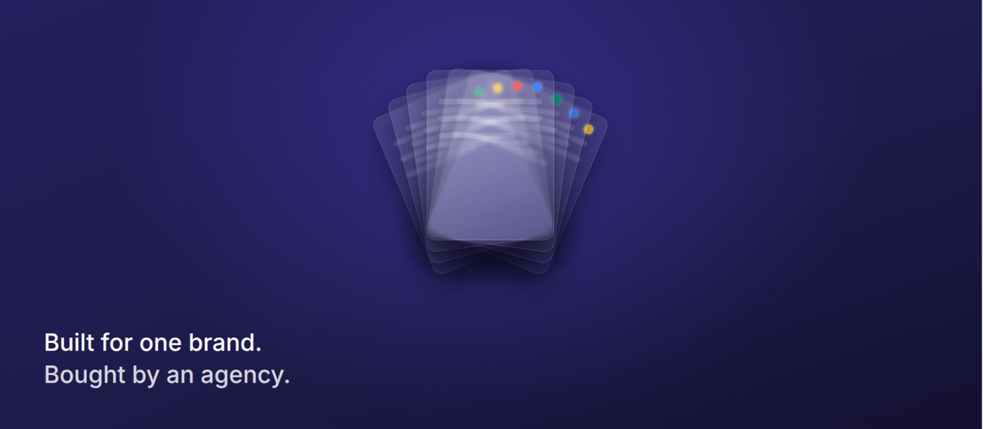 Fanned-out stack of client cards with colored status dots on a dark gradient