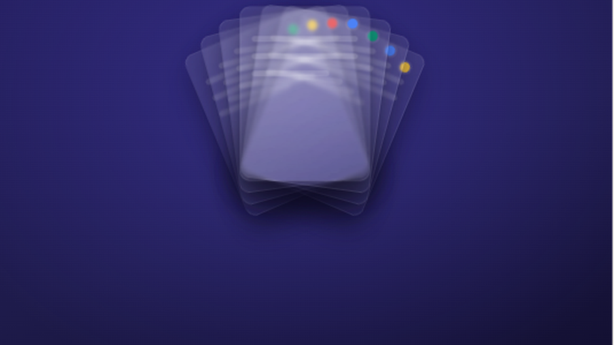 Fanned-out stack of client cards with colored status dots on a dark gradient