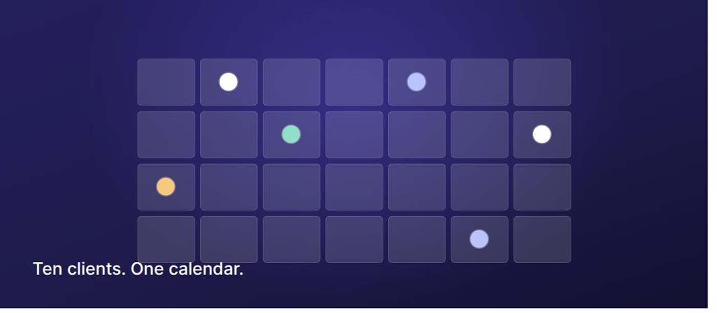 Six client avatars arranged around a single calendar on a warm gradient