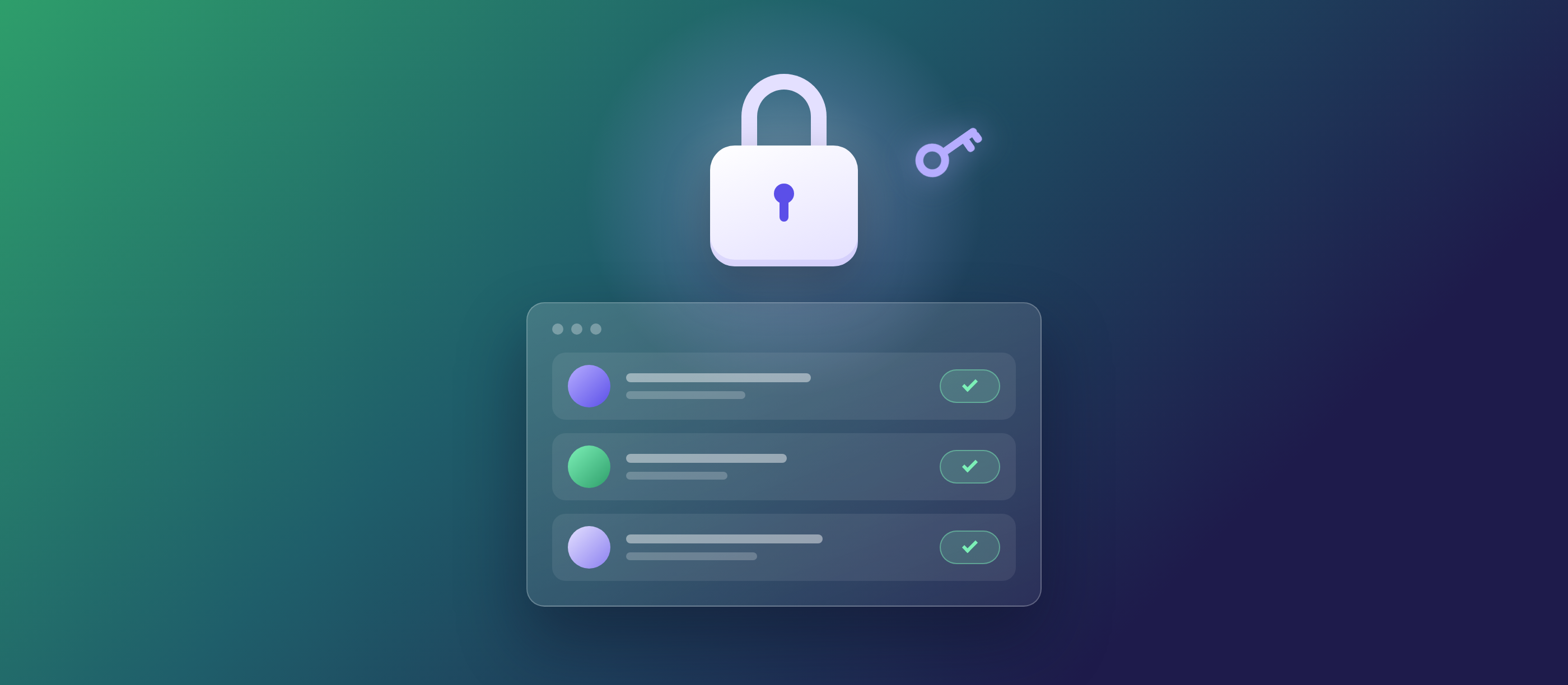 A padlock icon with a single scoped key floating above an app window, dark gradient background