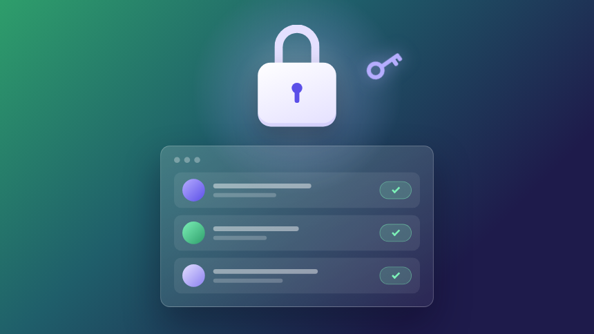 A padlock icon with a single scoped key floating above an app window, dark gradient background