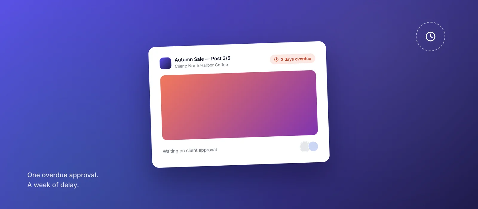 Abstract gradient illustration of a hovering approval status pulsing beside a queued social post, signaling it's overdue
